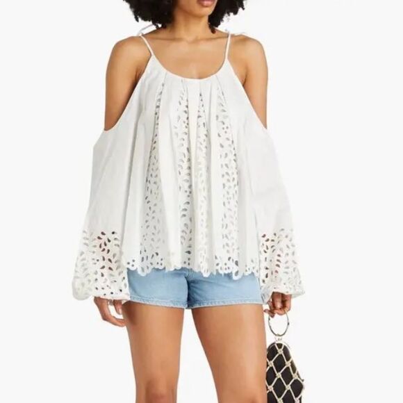 Jonathan Simkhai Salma Cold-Shoulder Broderie Anglaise Top White Eyelet Blouse S - Picture 1 of 12